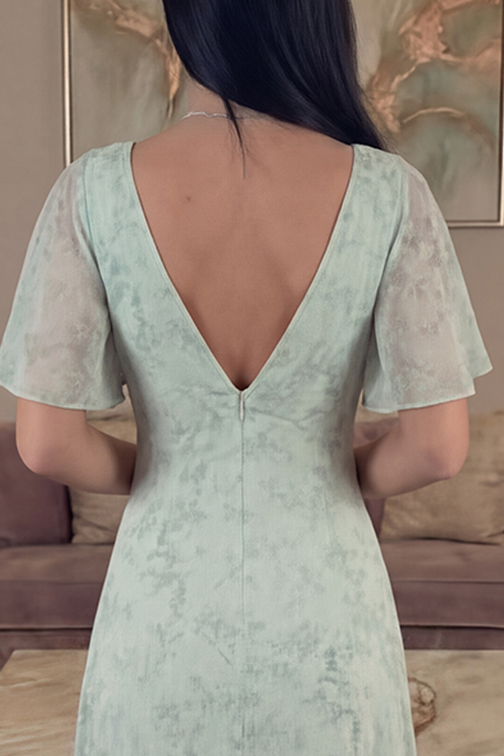 A Line Dusty Sage V Neck Floral Long Gala Dress