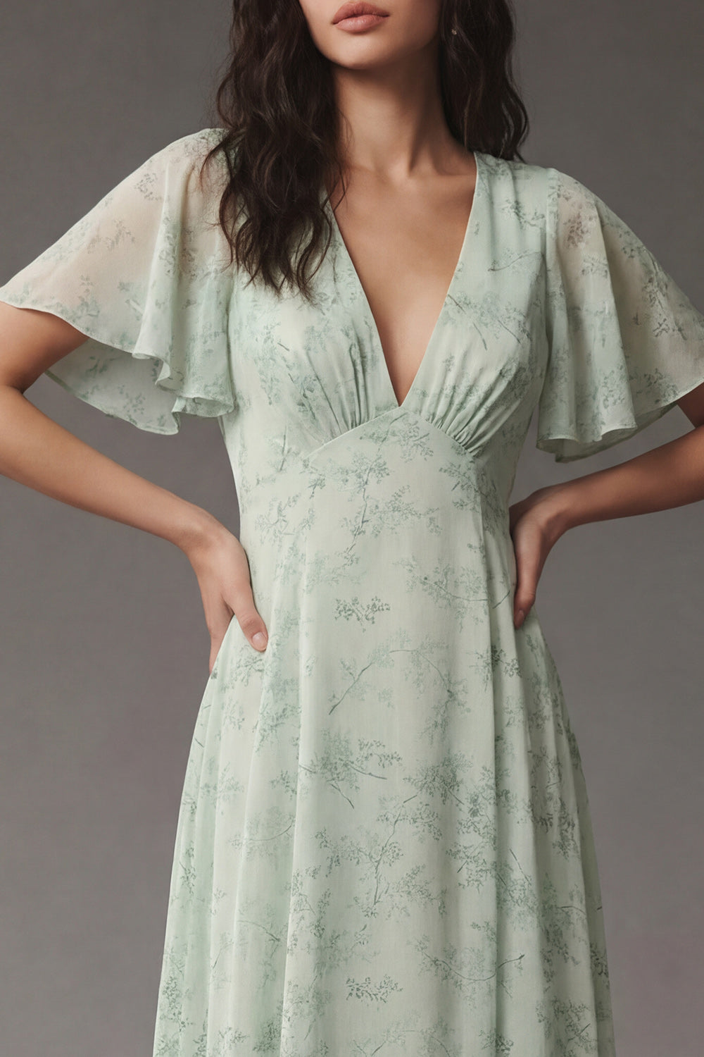 A Line Dusty Sage V Neck Floral Long Prom Dress