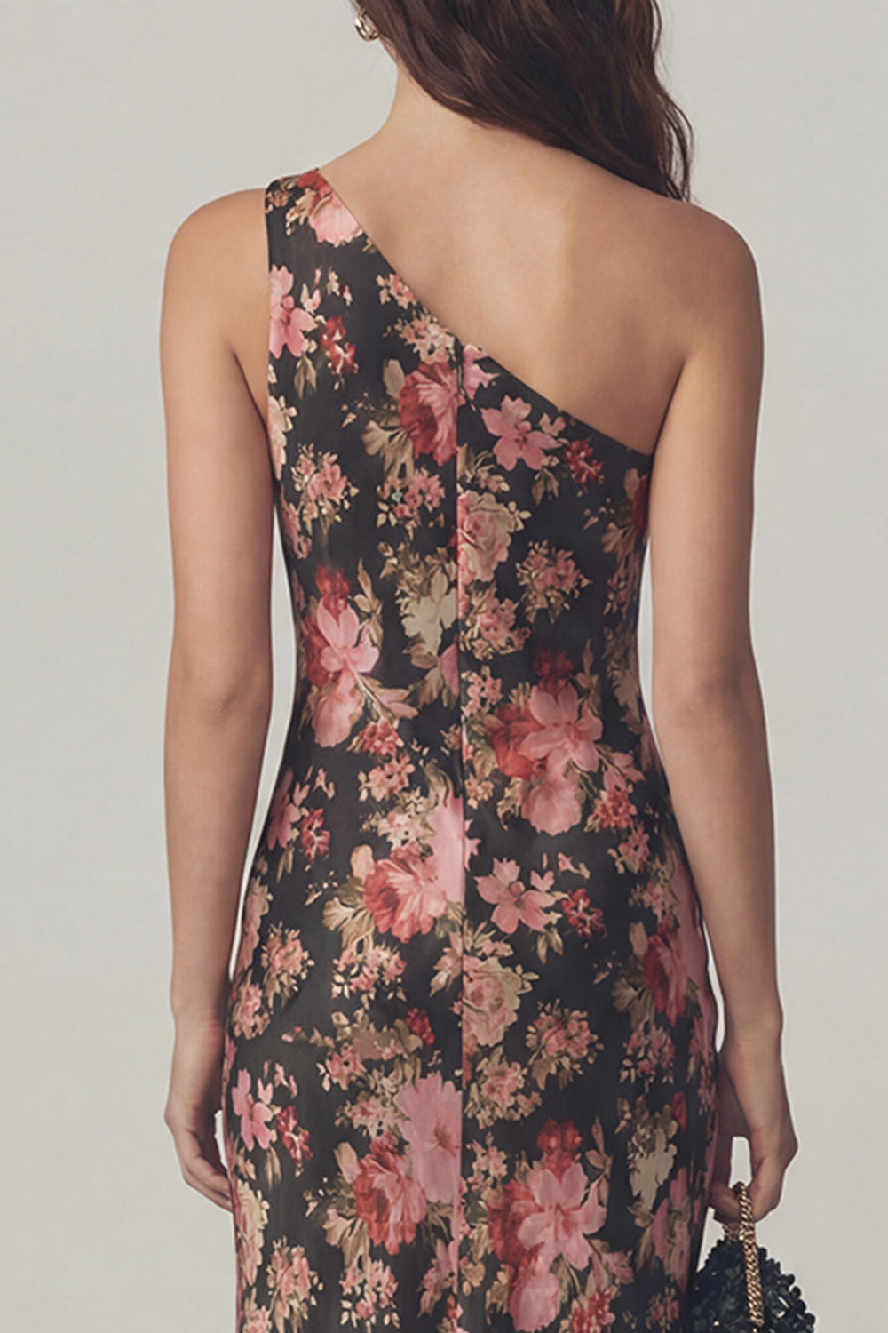 Mermaid Black Pink Flower One Shoulder Long Prom Dress