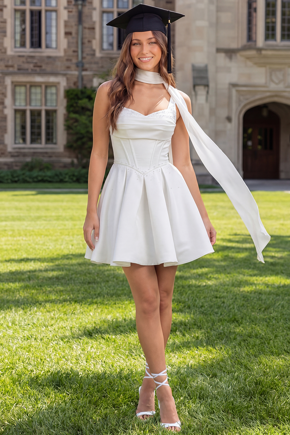Sparkly White A Line Corset Short Graduation Dress with Beading