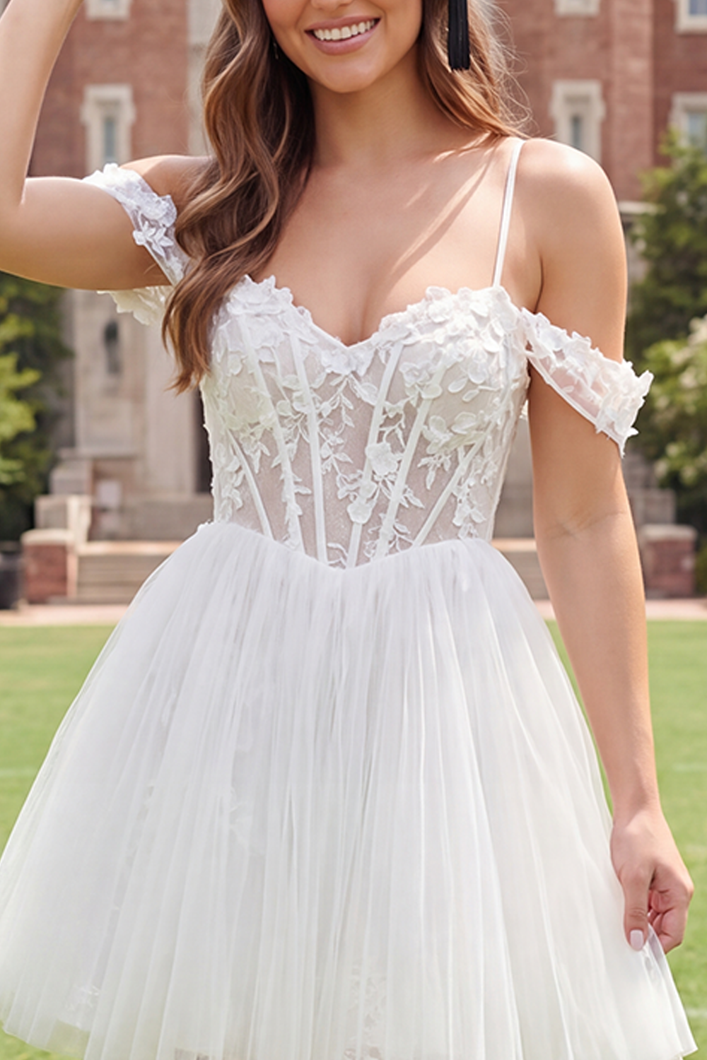 White Floral Corset Cold Shoulder A Line Appliqued Short Tulle Graduation Dress