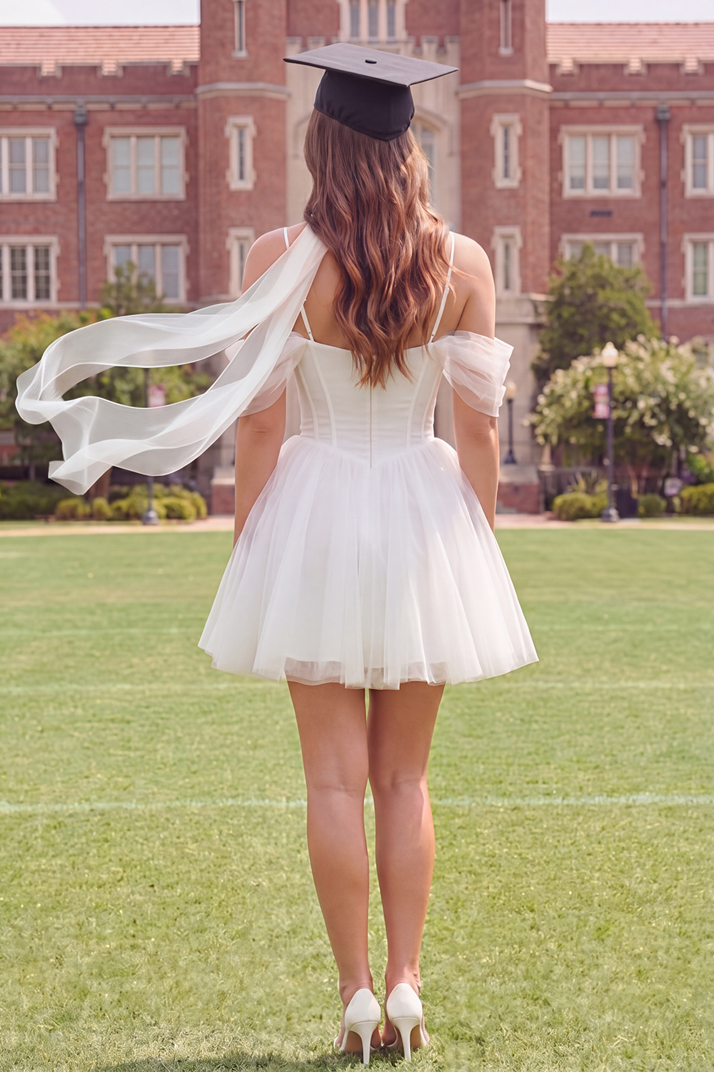 White Cold Shoulder Tulle A Line Corset Short Graduation Dress