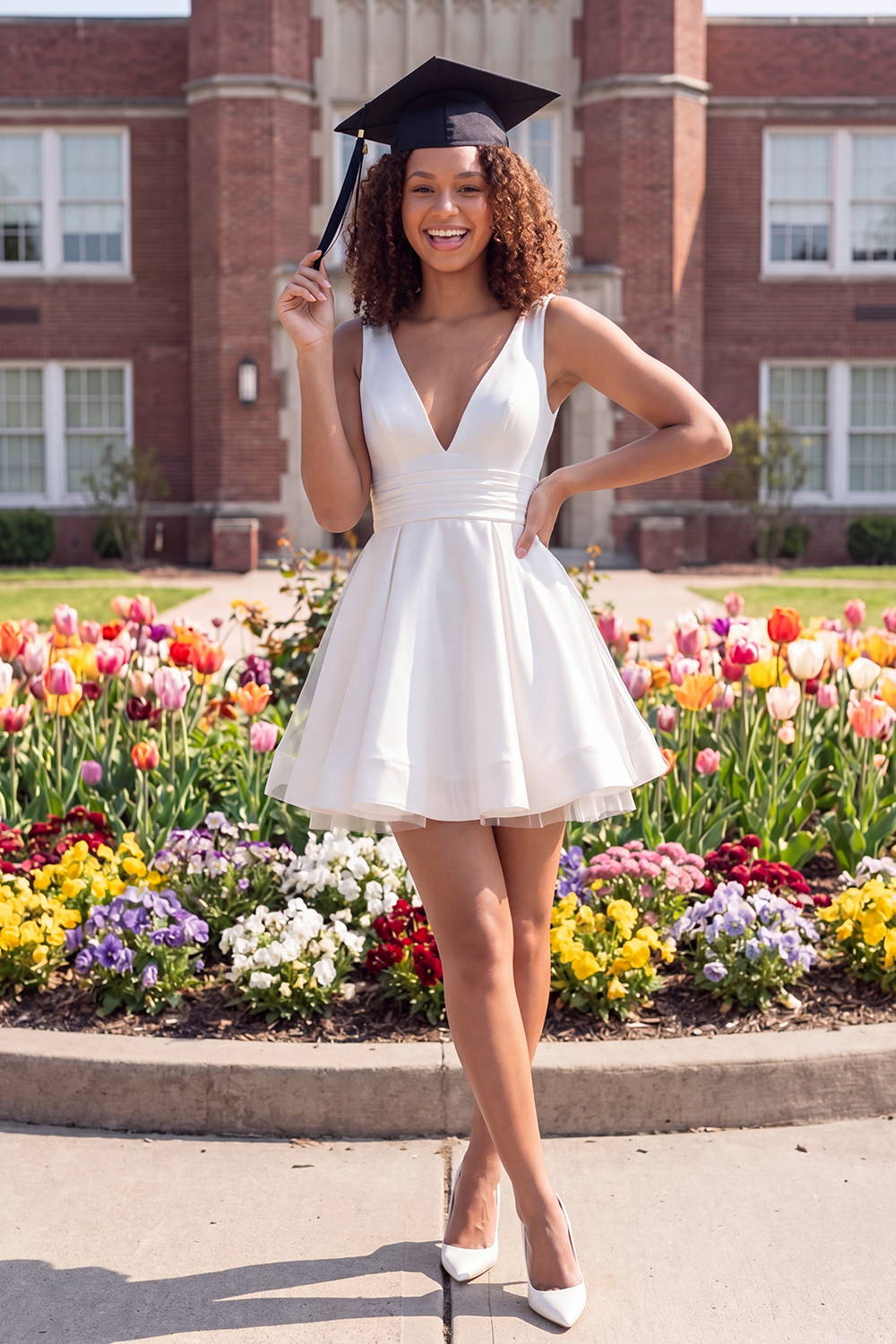 White V Neck Satin A Line Short Graduation Dress