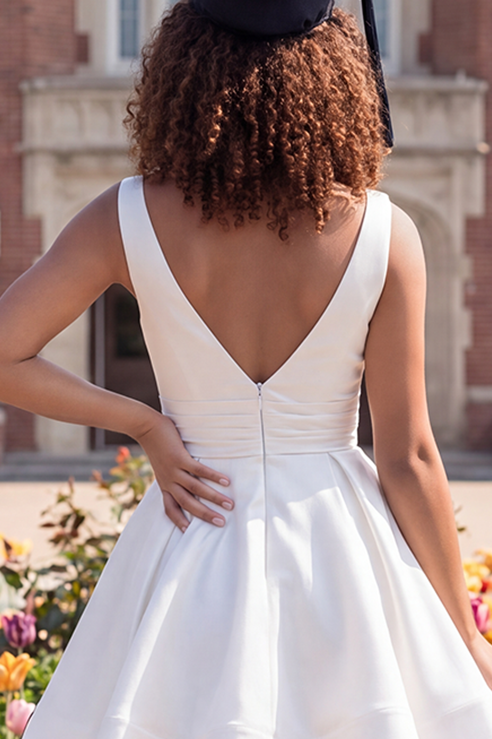 White V Neck Satin A Line Short Graduation Dress