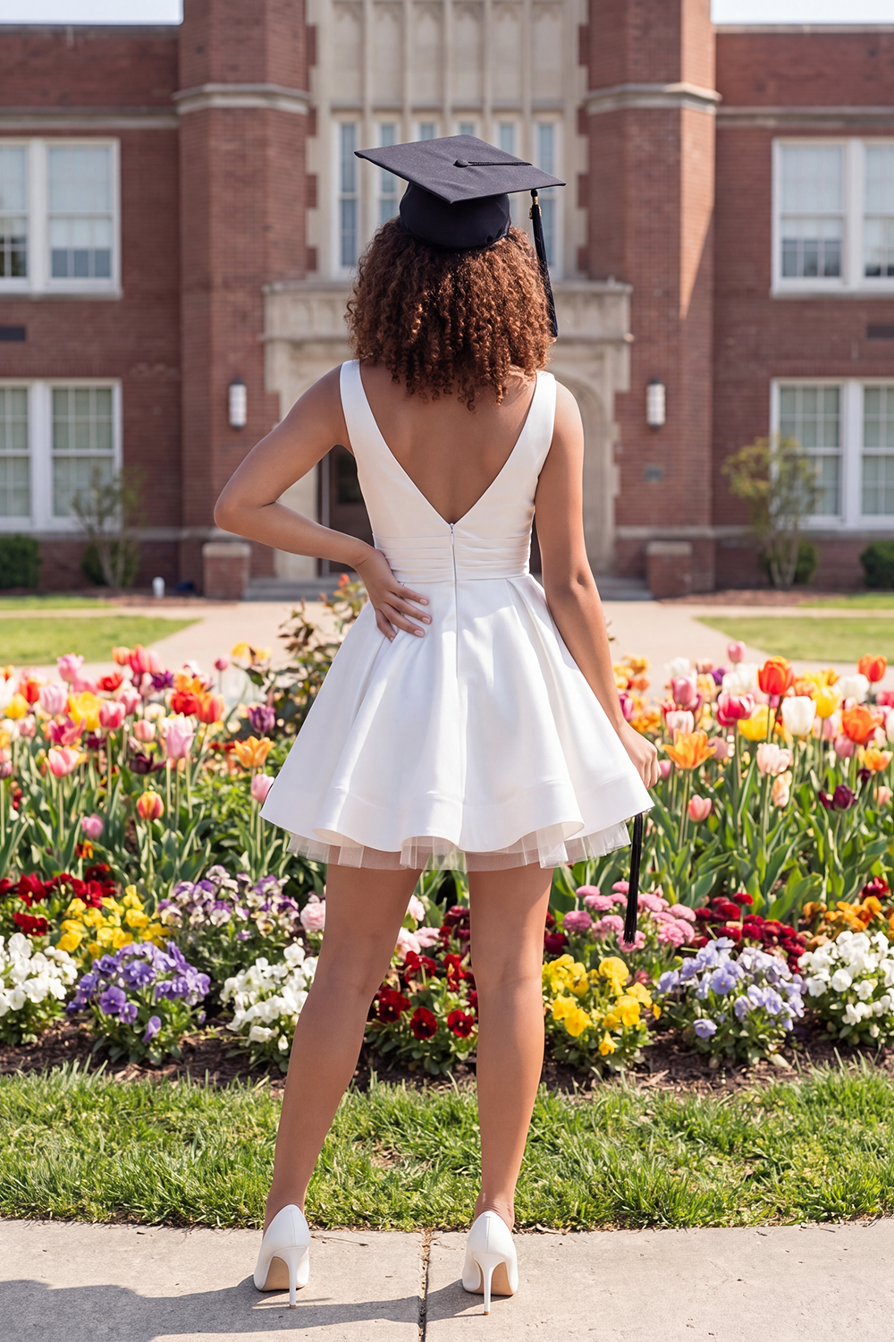 White V Neck Satin A Line Short Graduation Dress