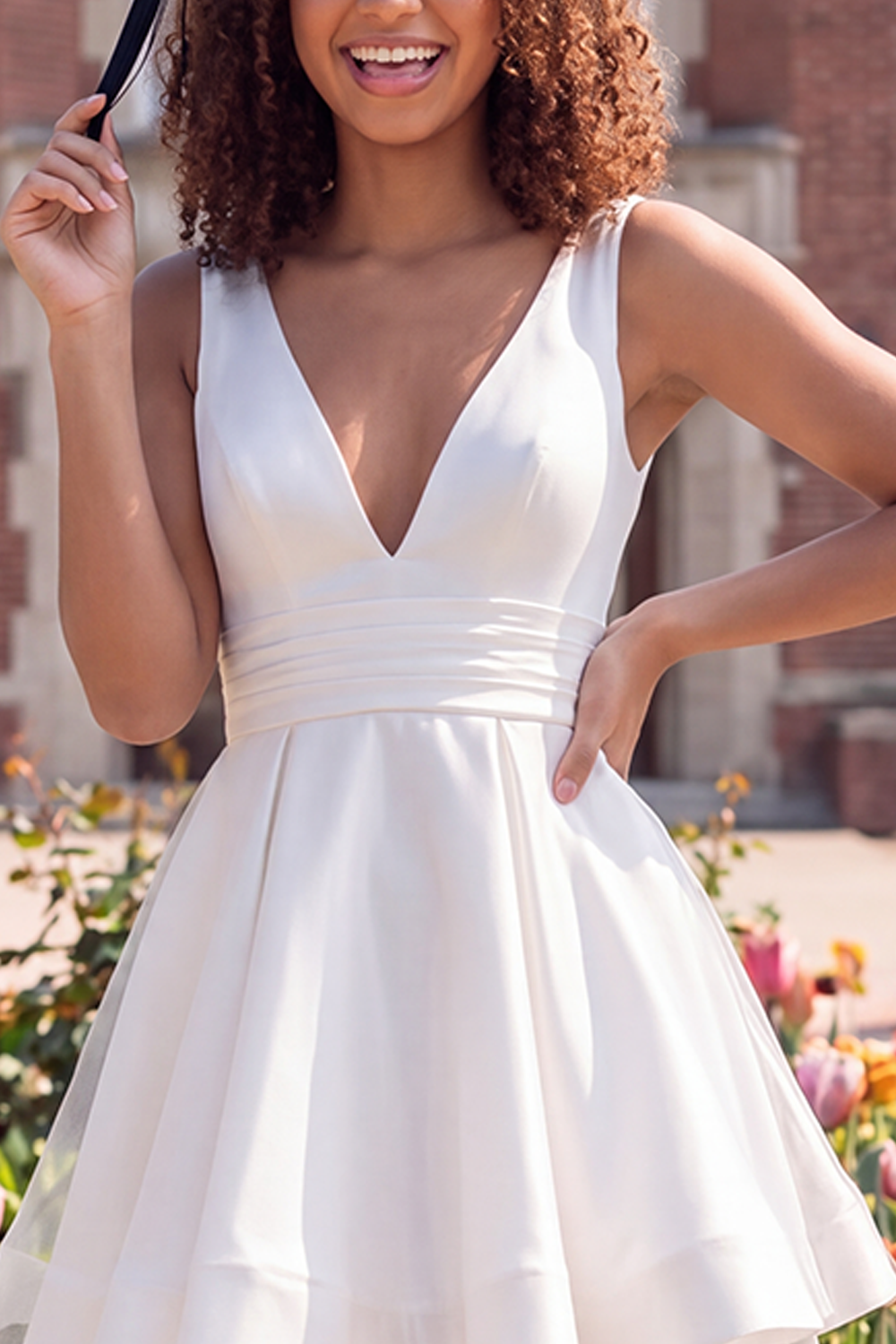 White V Neck Satin A Line Short Graduation Dress