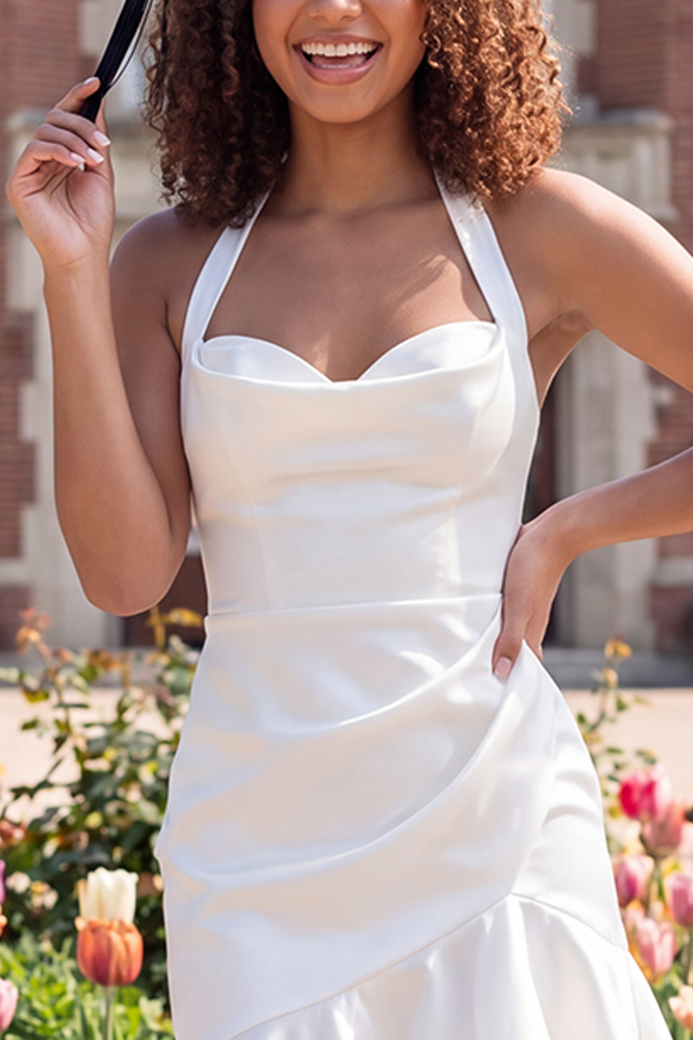 White Bodycon Satin Halter Ruffled Short Graduation Dress
