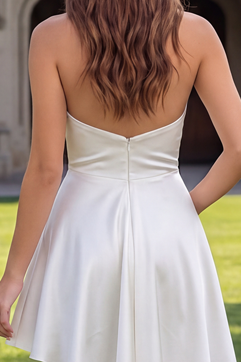 White Halter Satin Bodycon Short Graduation Dress with Side Cape