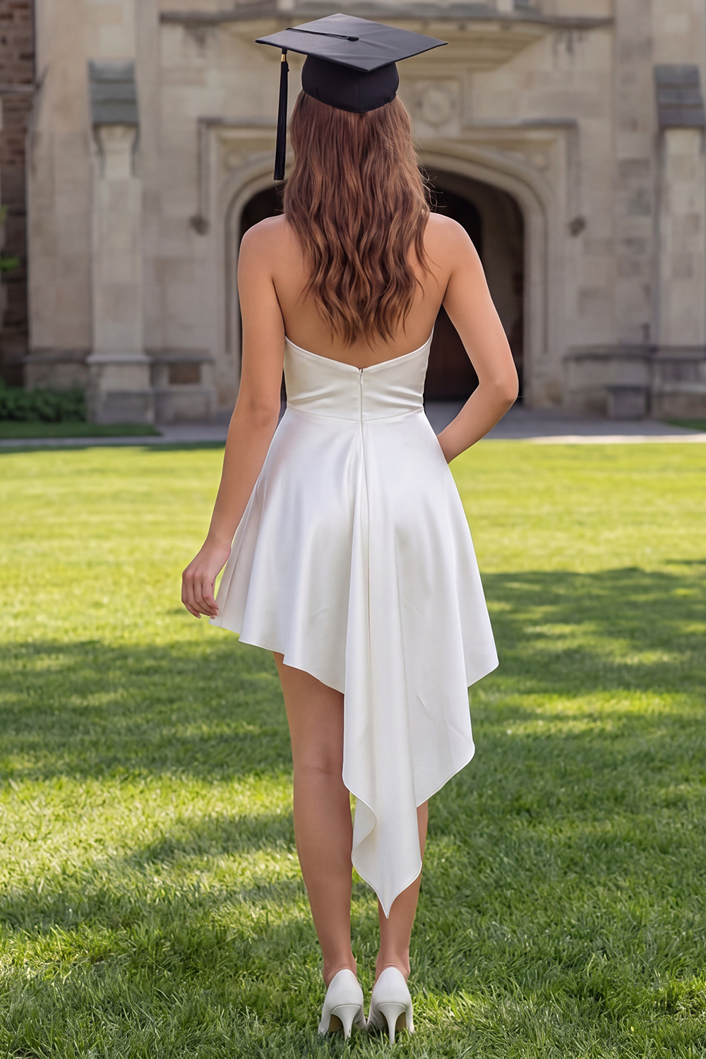 White Halter Satin Bodycon Short Graduation Dress with Side Cape