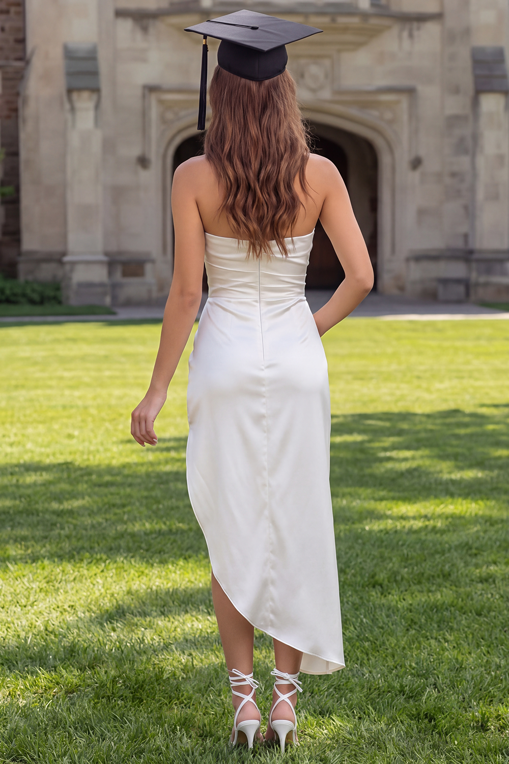 White Satin Strapless Ruched Bodycon Asymmetrical Graduation Dress