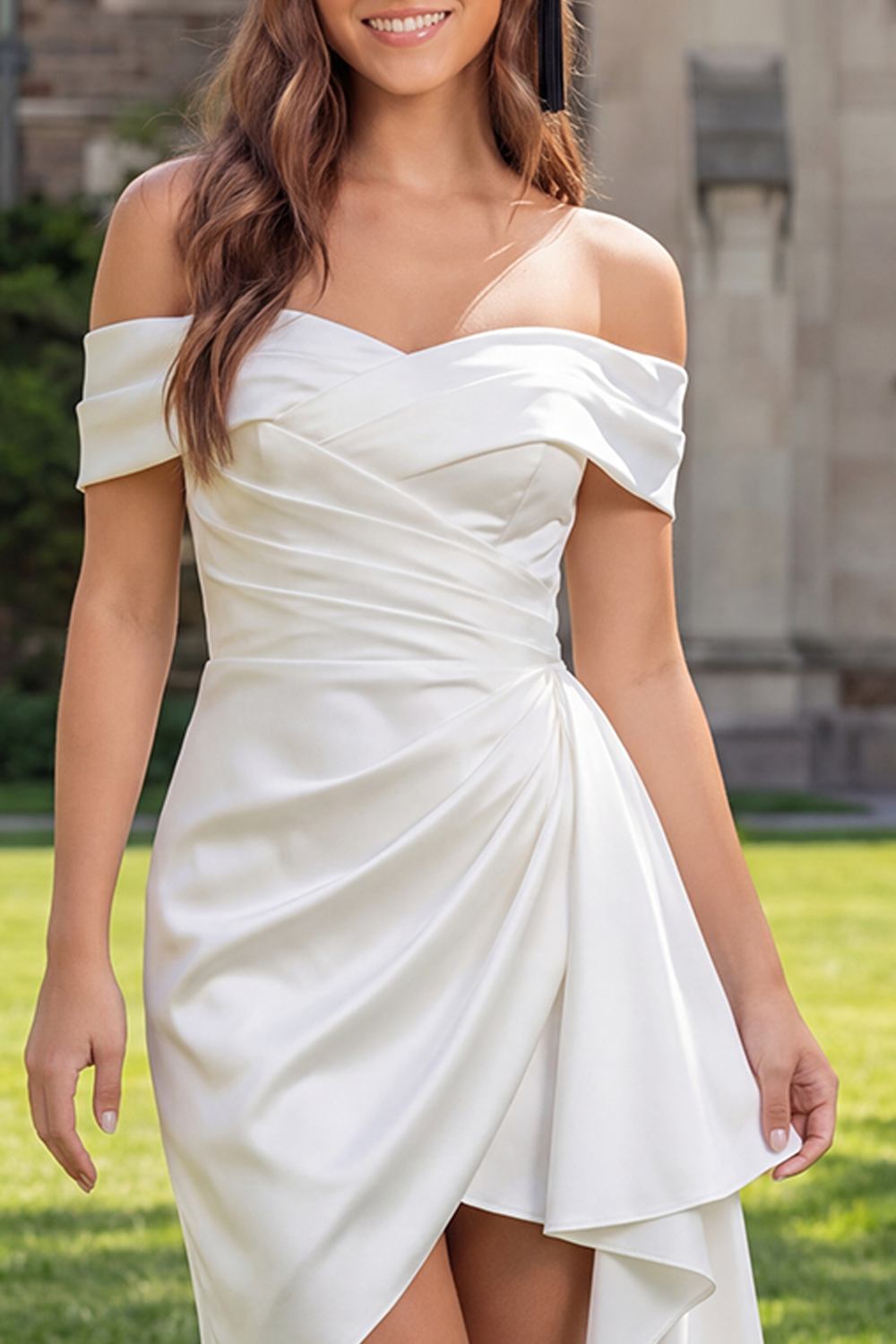 White Satin Bodycon Ruched Off The Shoulder Short Graduation Dress