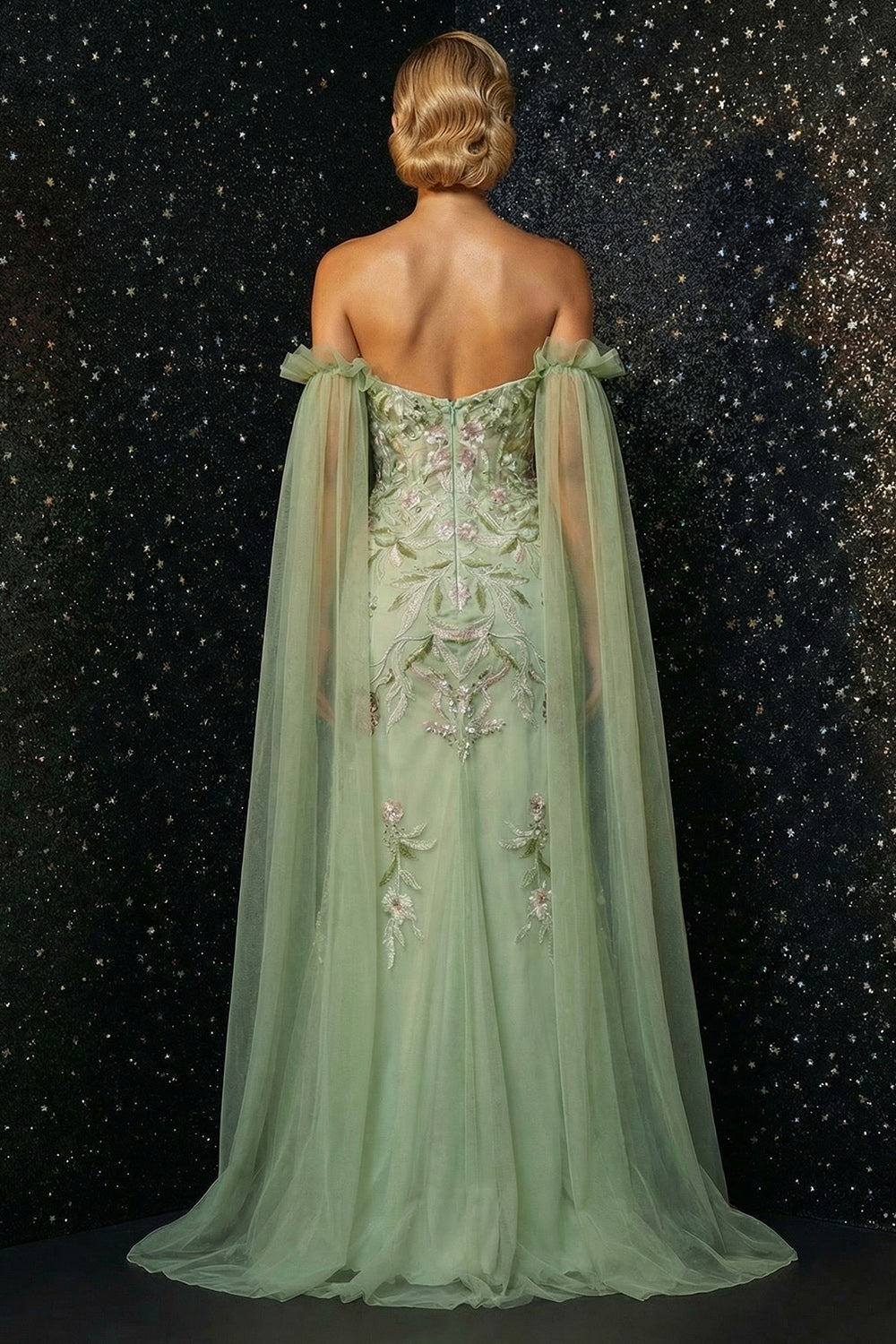 Tulle Green Appliqued Long Mermaid Corset Prom Dress with Cape