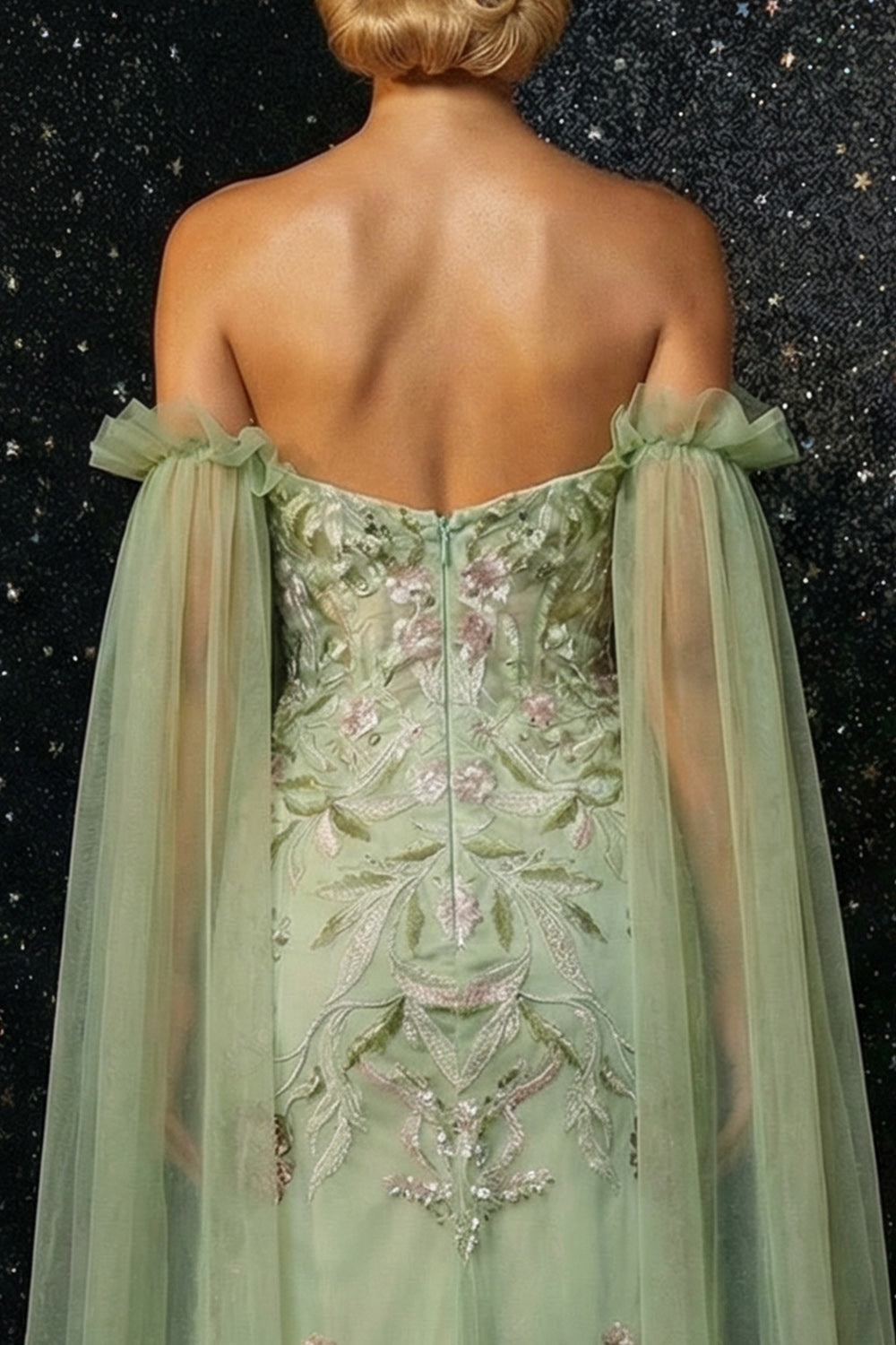 Tulle Green Appliqued Long Mermaid Corset Prom Dress with Cape