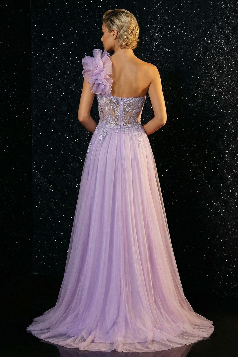 Purple One Shoulder Appliqued Mermaid Long Tulle Prom Dress with Slit