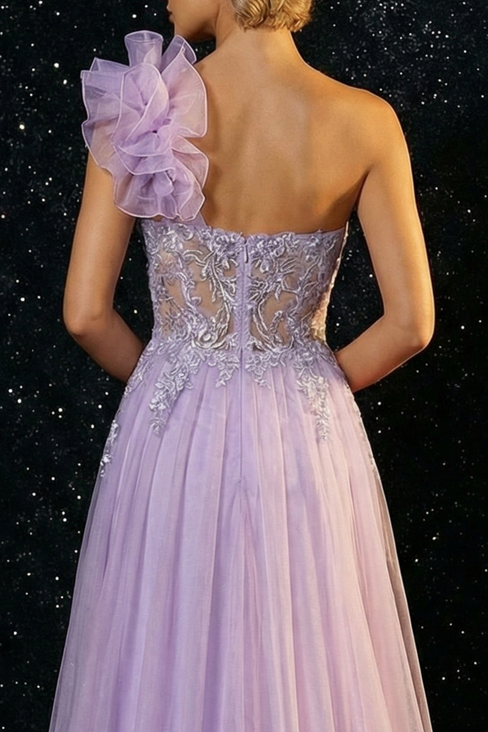 Purple One Shoulder Appliqued Mermaid Long Tulle Prom Dress with Slit