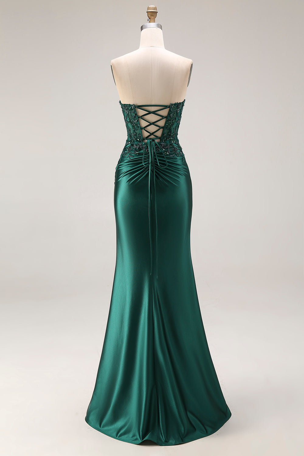 Sparkly Dark Green Strapless Mermaid Satin Beaded Long Prom Dress with Slit