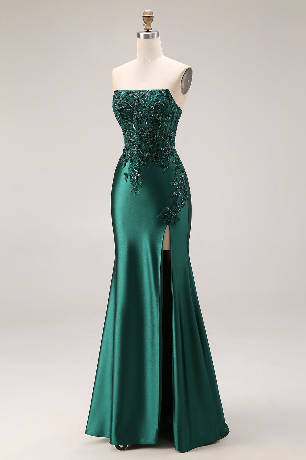 Sparkly Dark Green Strapless Mermaid Satin Beaded Long Prom Dress with Slit