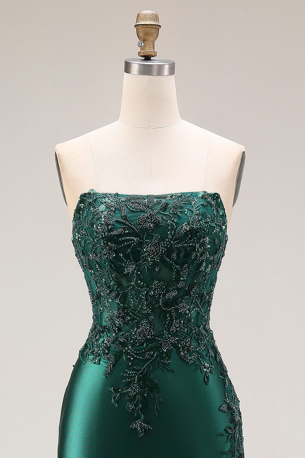 Sparkly Dark Green Strapless Mermaid Satin Beaded Long Prom Dress with Slit