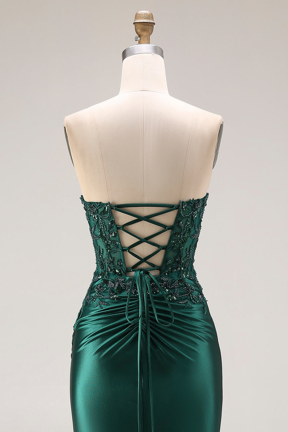 Sparkly Dark Green Strapless Mermaid Satin Beaded Long Prom Dress with Slit
