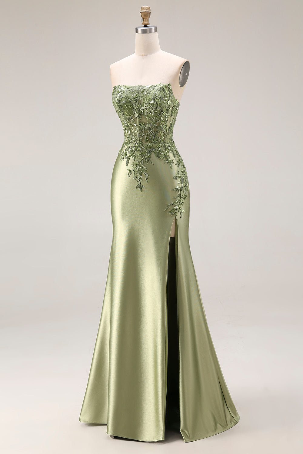 Sparkly Dark Green Strapless Mermaid Satin Beaded Long Prom Dress with Slit