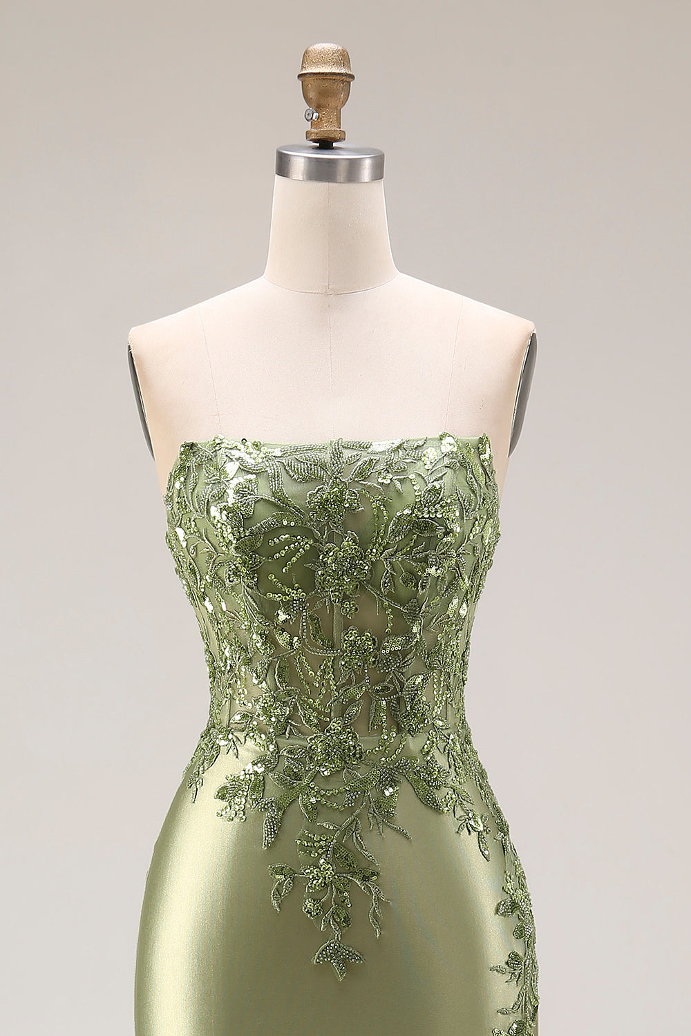 Sparkly Dark Green Strapless Mermaid Satin Beaded Long Prom Dress with Slit