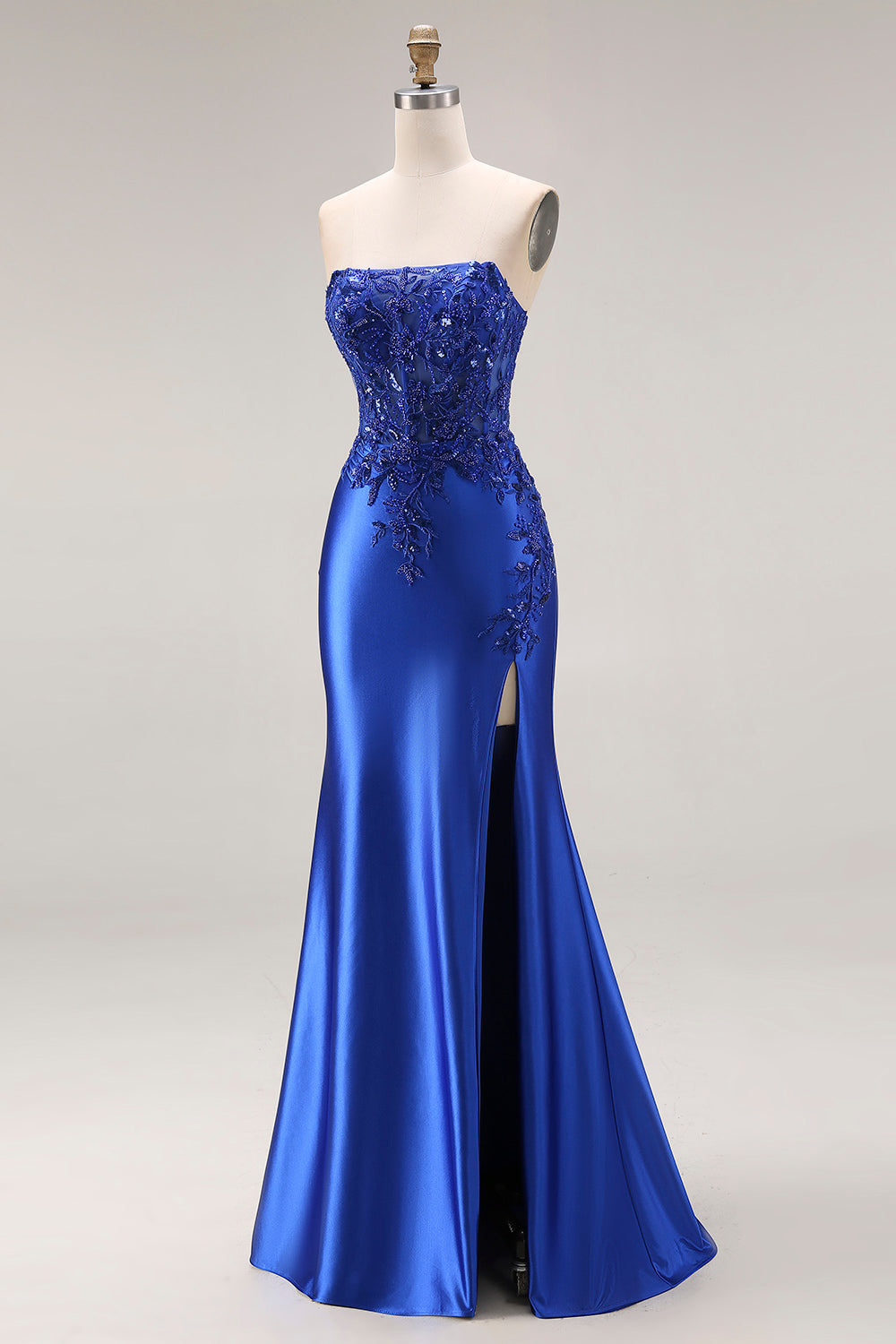 Sparkly Dark Green Strapless Mermaid Satin Beaded Long Prom Dress with Slit