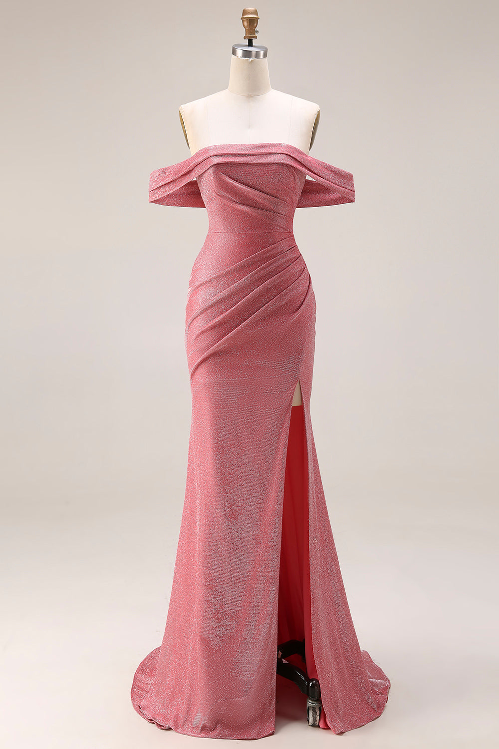 Glitter Red Ruched Mermaid Off the Shoulder Long Prom Dress with Slit