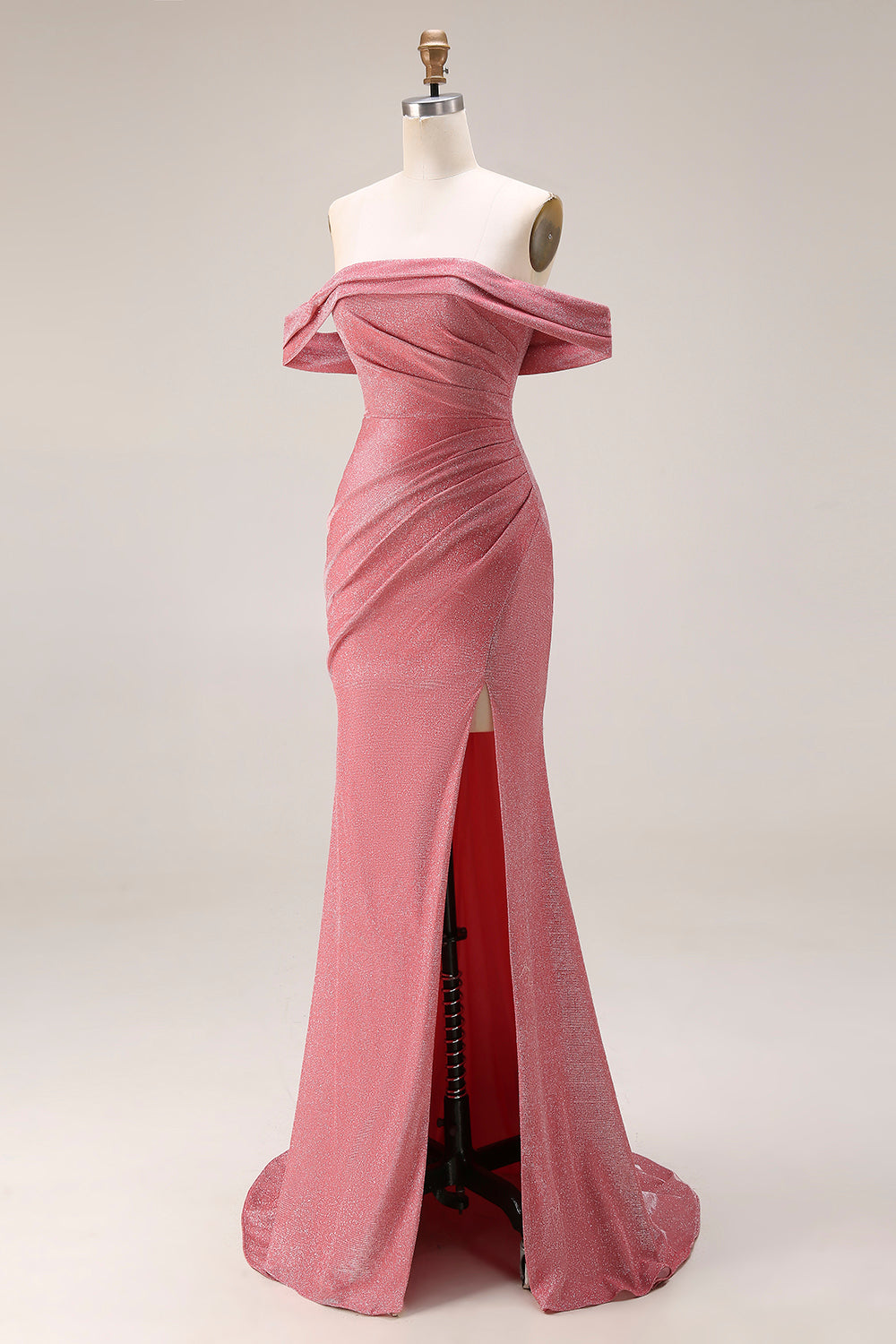 Glitter Red Ruched Mermaid Off the Shoulder Long Prom Dress with Slit