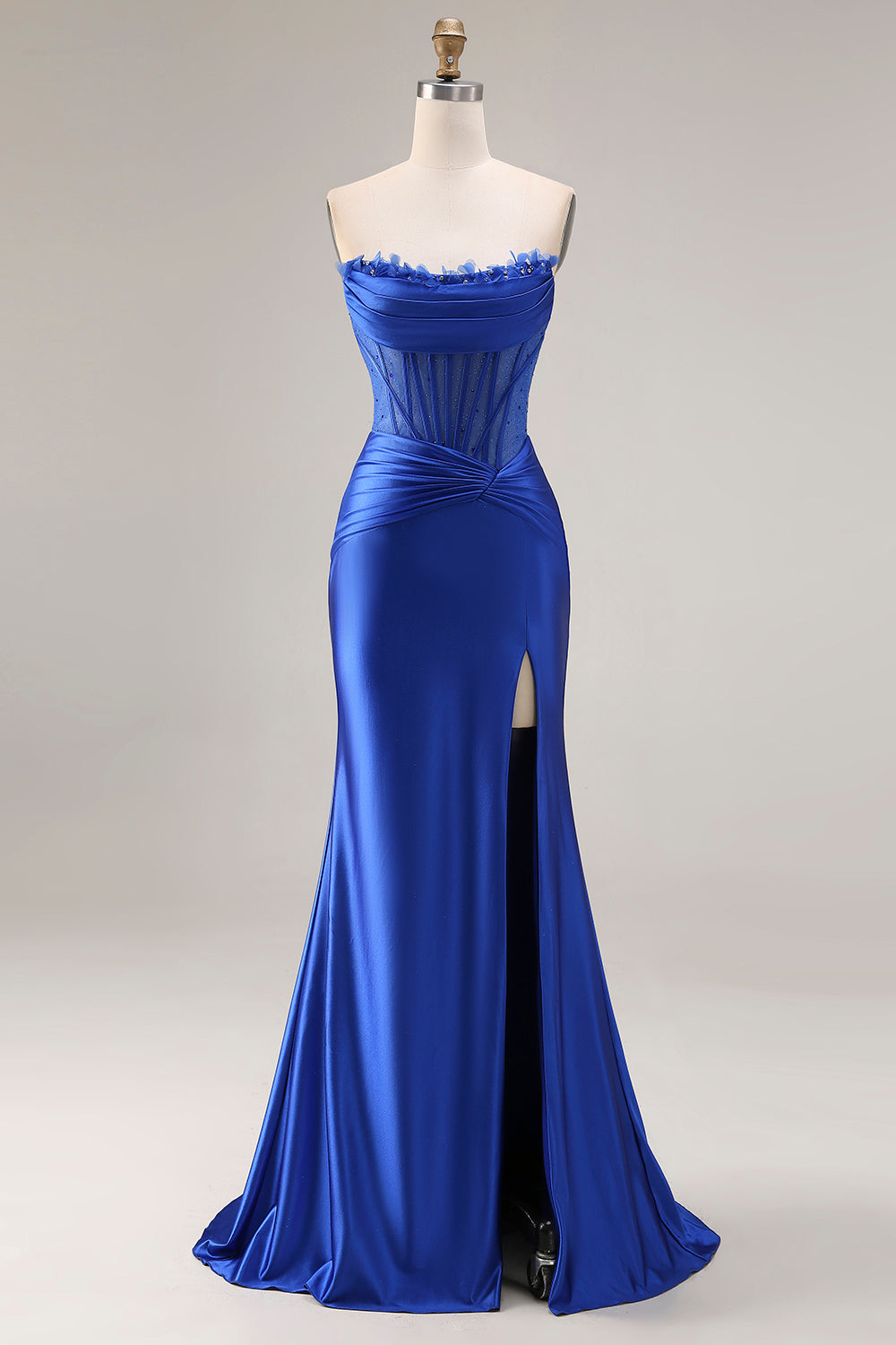 Sparkly Royal Blue Strapless Beaded Satin Mermaid Corset Long Prom Dress with Slit
