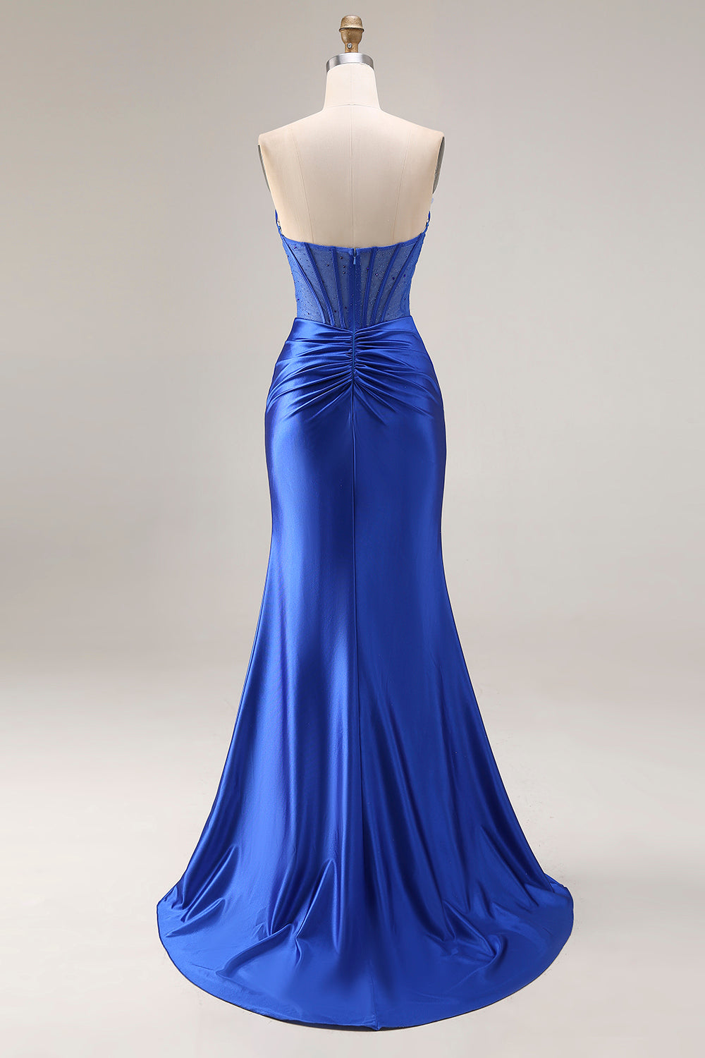 Sparkly Royal Blue Strapless Beaded Satin Mermaid Corset Long Prom Dress with Slit