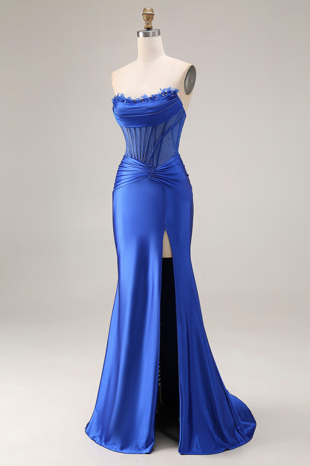 Sparkly Royal Blue Strapless Beaded Satin Mermaid Corset Long Prom Dress with Slit