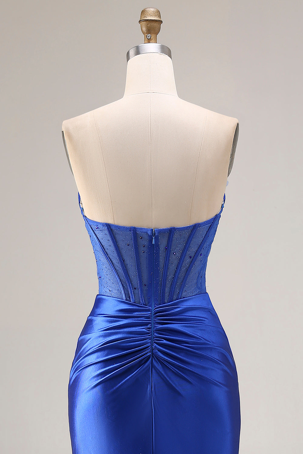 Sparkly Royal Blue Strapless Beaded Satin Mermaid Corset Long Prom Dress with Slit