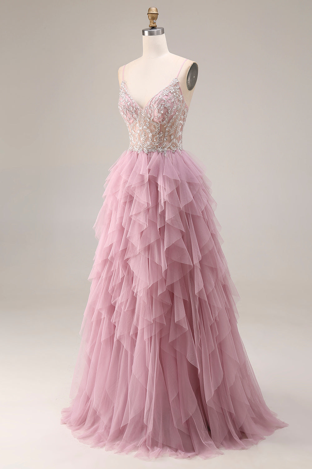 Sparkly Dusty Pink Beaded Spaghetti Straps Tulle A Line Tiered Long Prom Dress with Ruffles