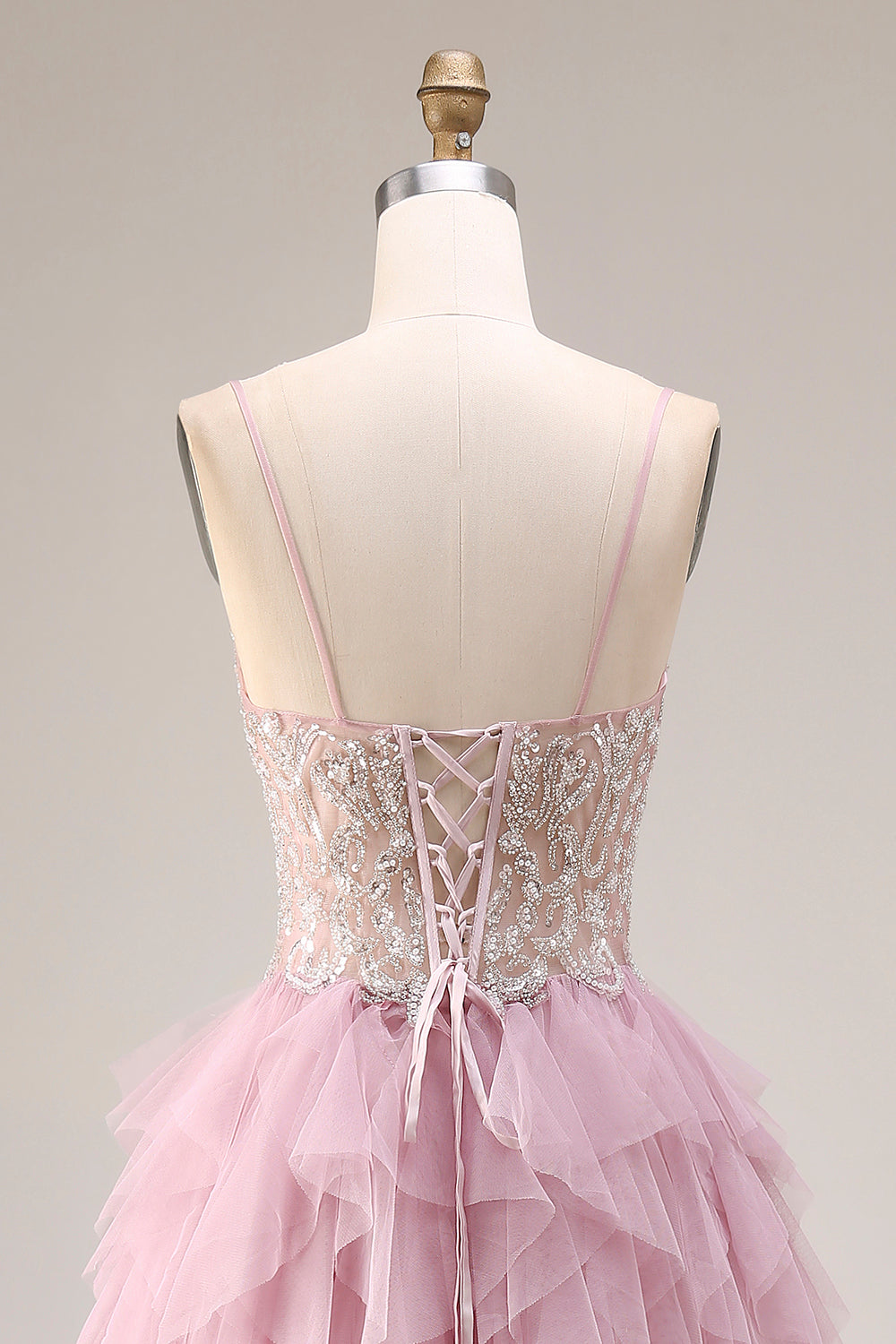 Sparkly Dusty Pink Beaded Spaghetti Straps Tulle A Line Tiered Long Prom Dress with Ruffles