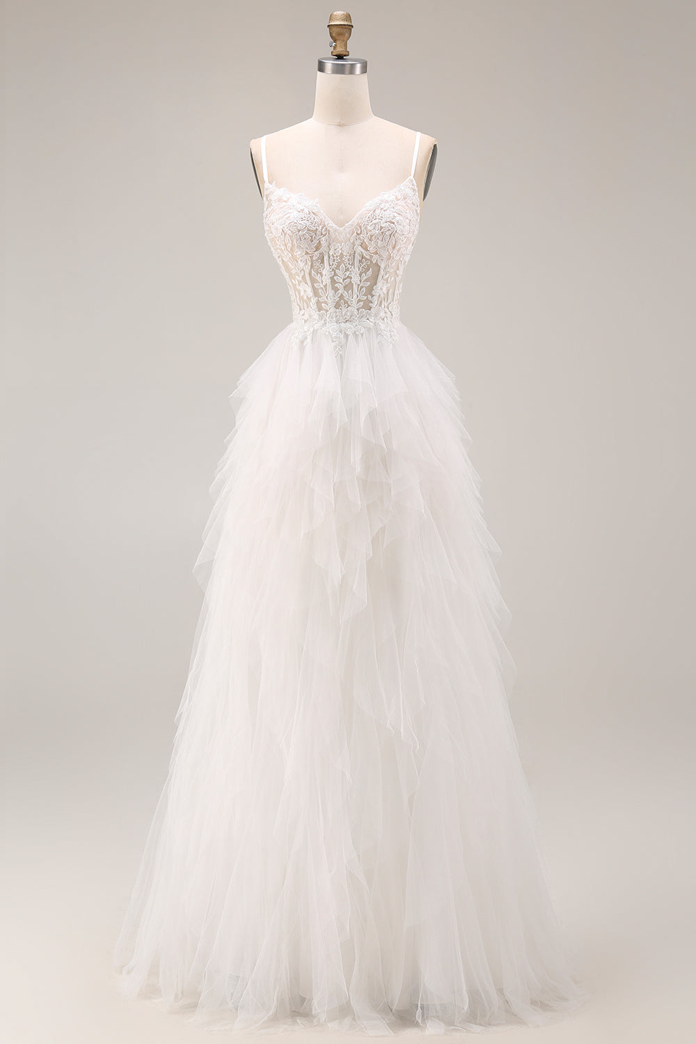 White Tulle Tiered Appliqued A Line Long Corset Prom Dress with Lace