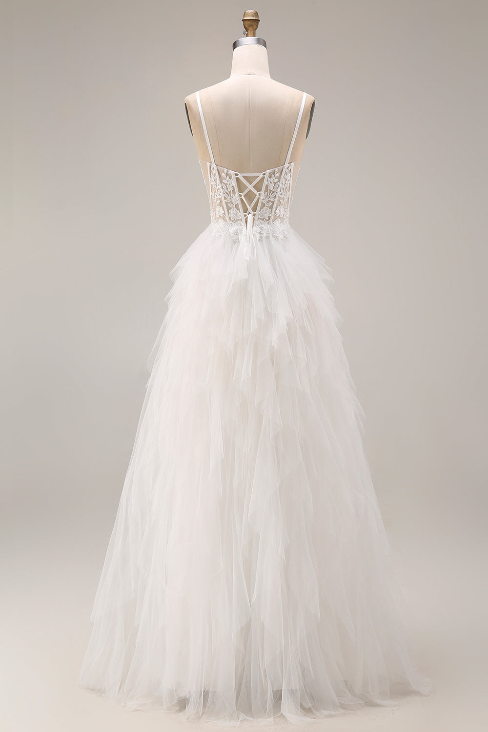 White Tulle Tiered Appliqued A Line Long Corset Prom Dress with Lace