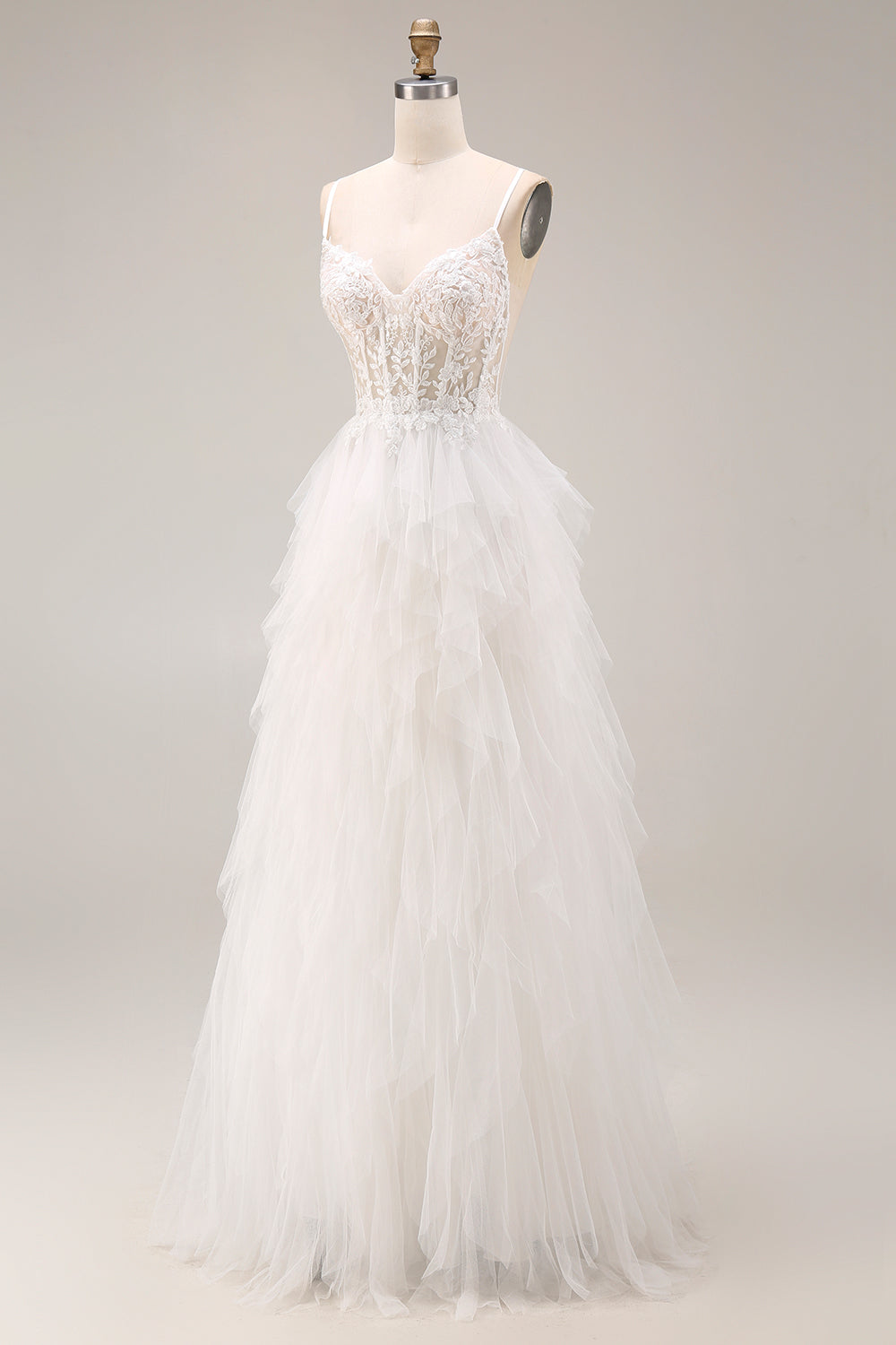 White Tulle Tiered Appliqued A Line Long Corset Prom Dress with Lace