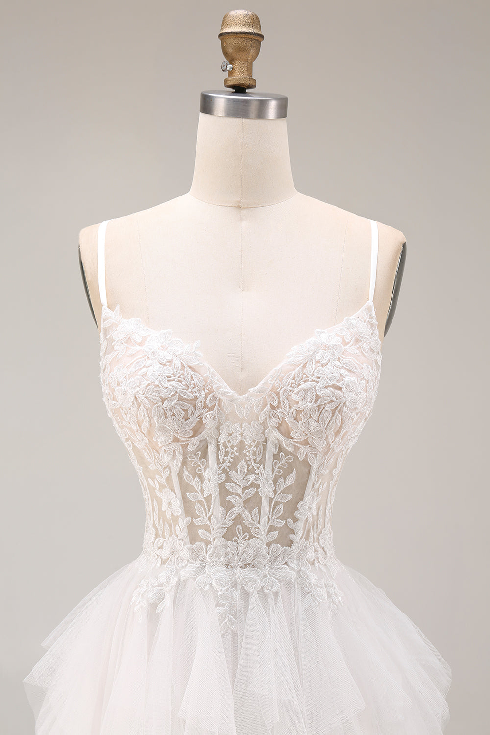 White Tulle Tiered Appliqued A Line Long Corset Prom Dress with Lace