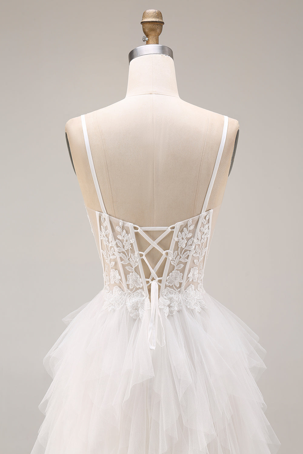White Tulle Tiered Appliqued A Line Long Corset Prom Dress with Lace
