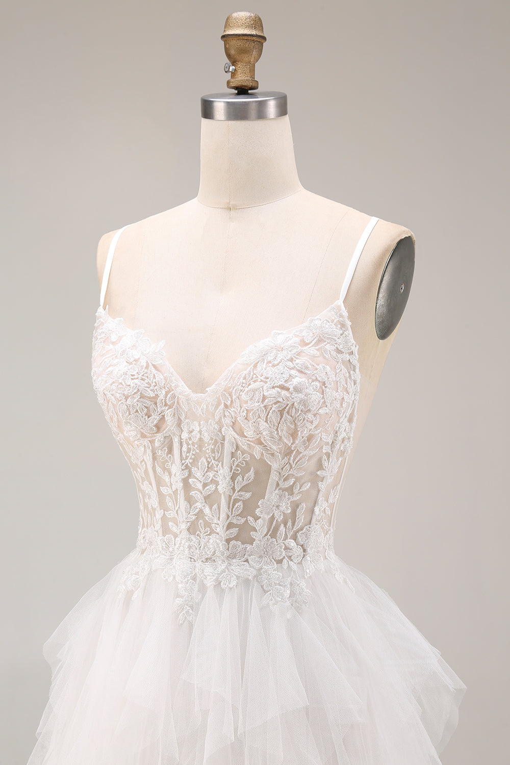 White Tulle Tiered Appliqued A Line Long Corset Prom Dress with Lace