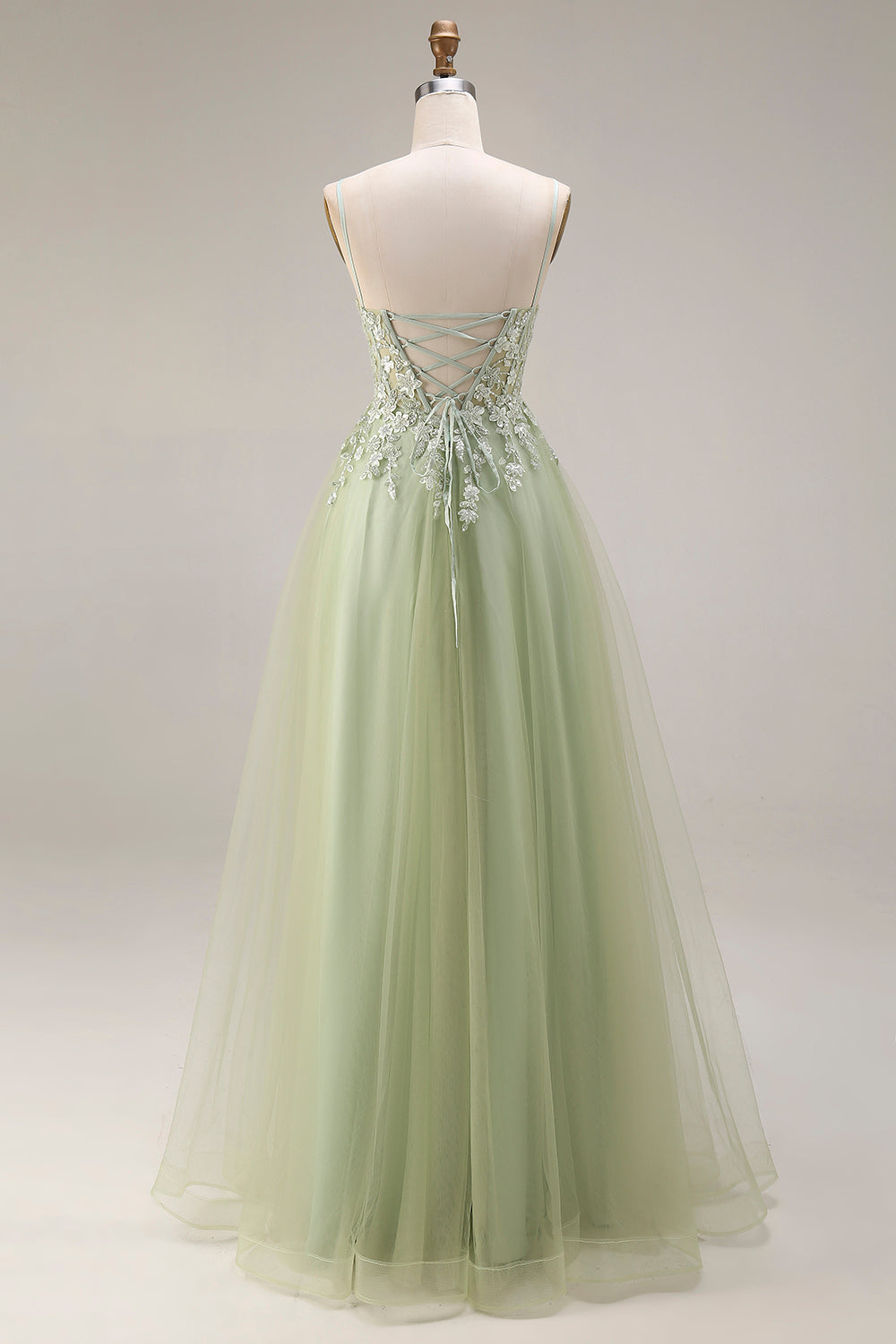 Light Green Spaghetti Straps Corset A Line Appliqued Tulle Long Prom Dress