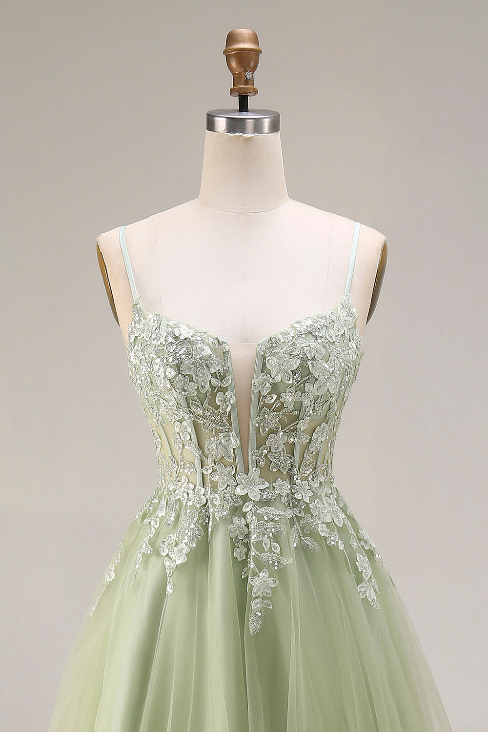 Light Green Spaghetti Straps Corset A Line Appliqued Tulle Long Prom Dress