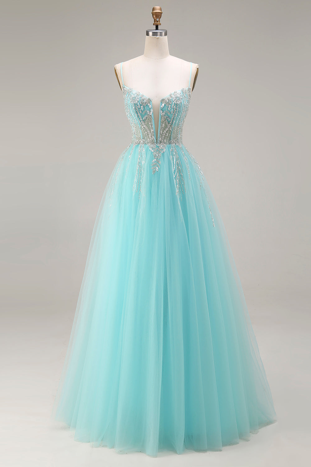 Sparkly Mint Spaghetti Straps Tulle Beaded Long Corset Prom Dress