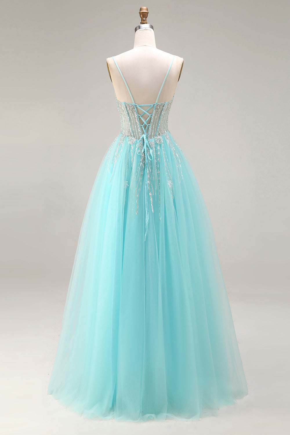 Sparkly Mint Spaghetti Straps Tulle Beaded Long Corset Prom Dress