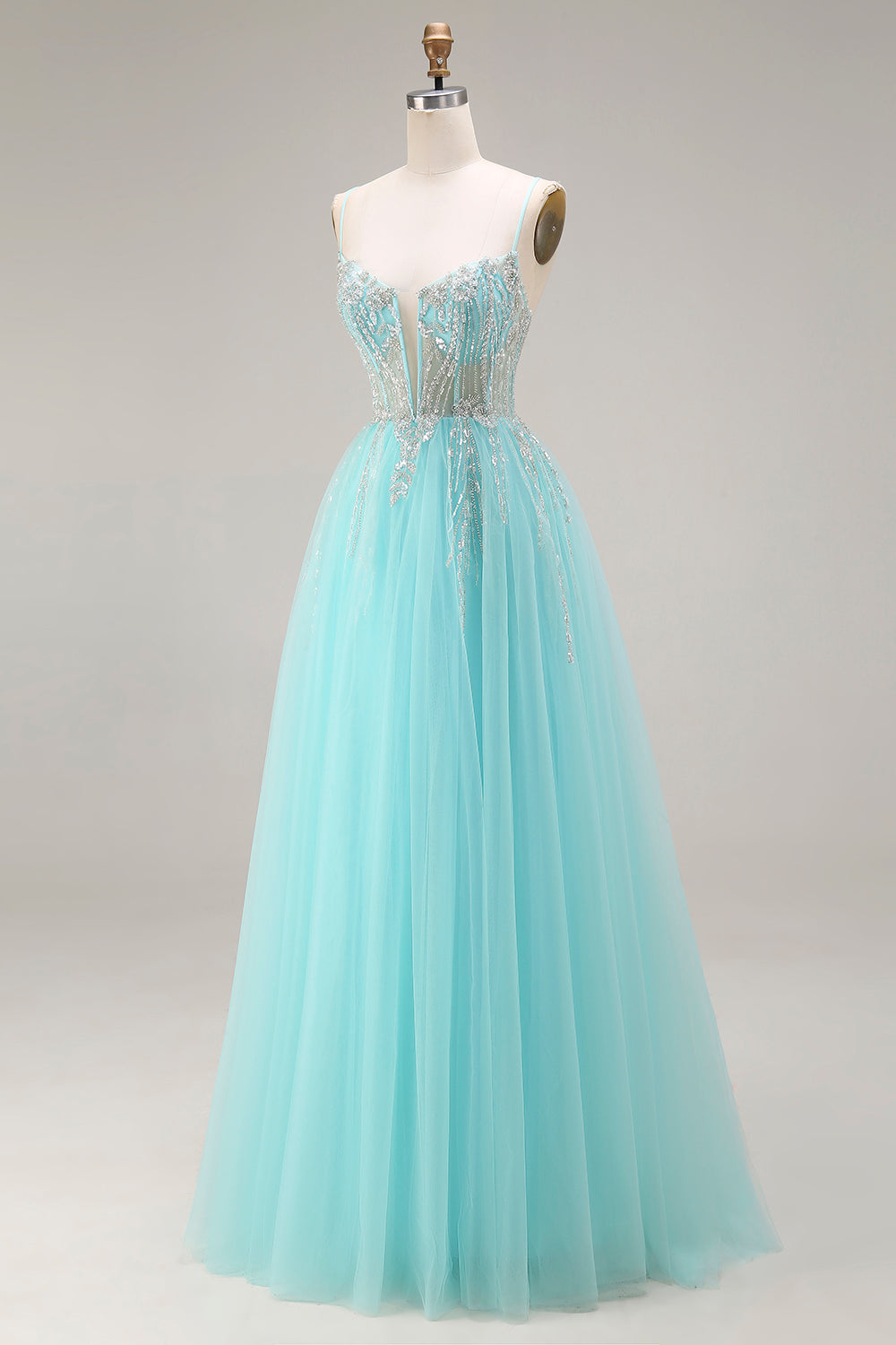 Sparkly Mint Spaghetti Straps Tulle Beaded Long Corset Prom Dress
