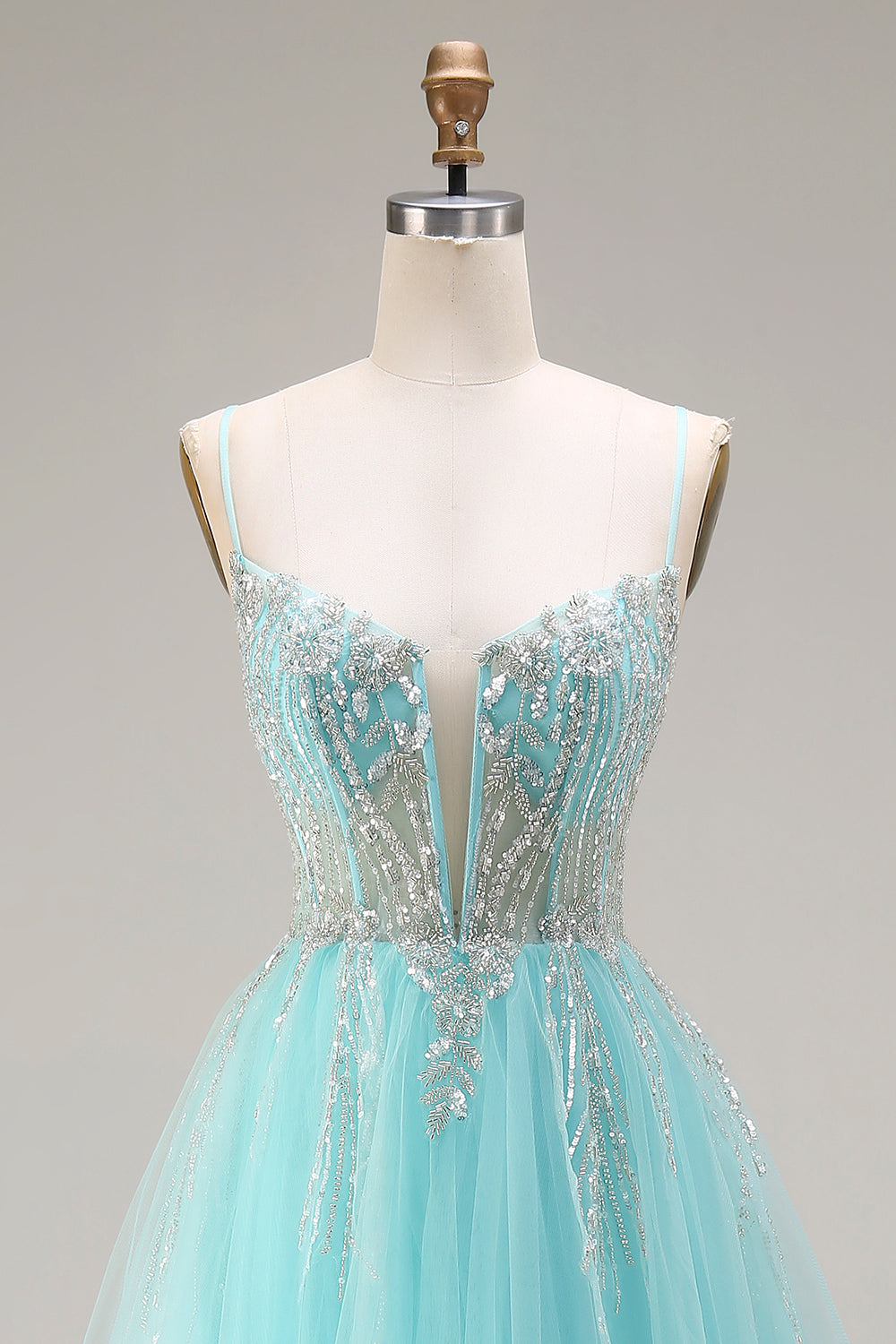 Sparkly Mint Spaghetti Straps Tulle Beaded Long Corset Prom Dress