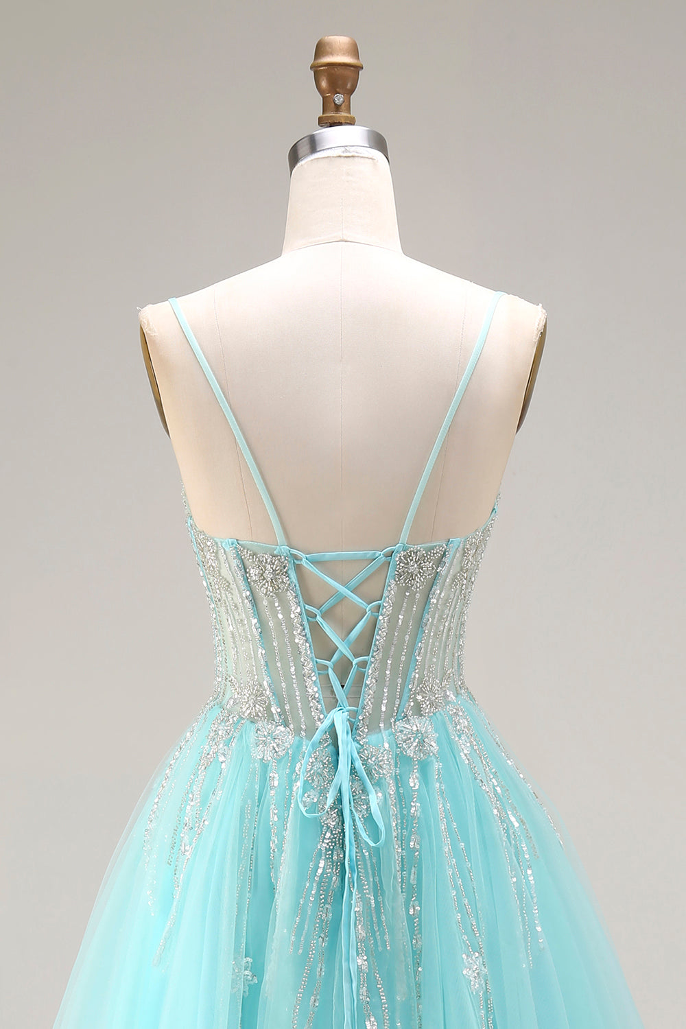 Sparkly Mint Spaghetti Straps Tulle Beaded Long Corset Prom Dress