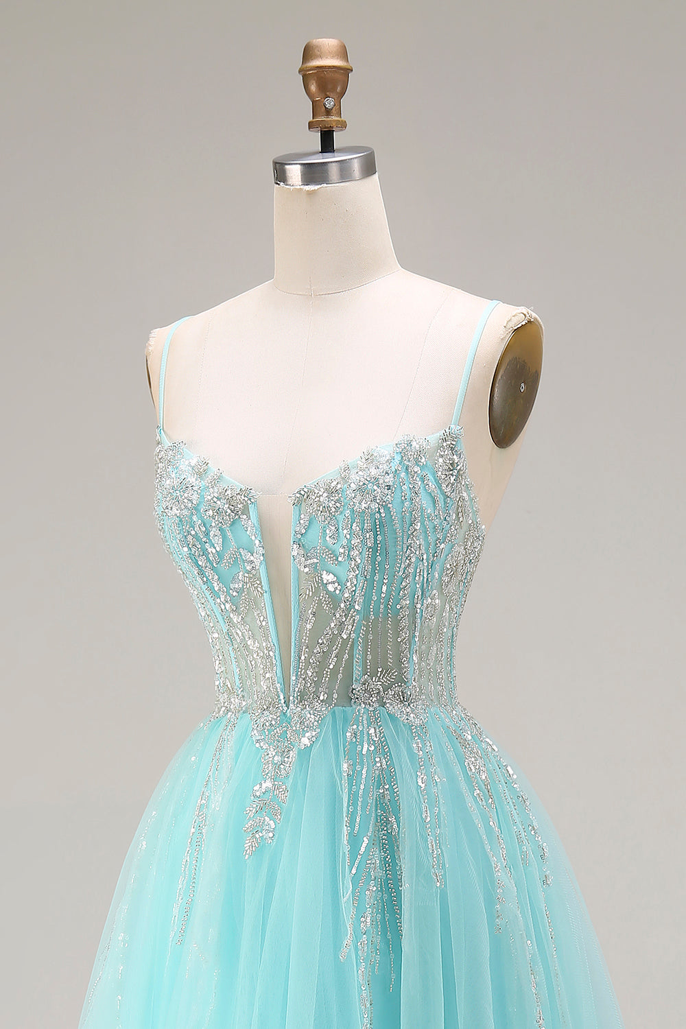 Sparkly Mint Spaghetti Straps Tulle Beaded Long Corset Prom Dress
