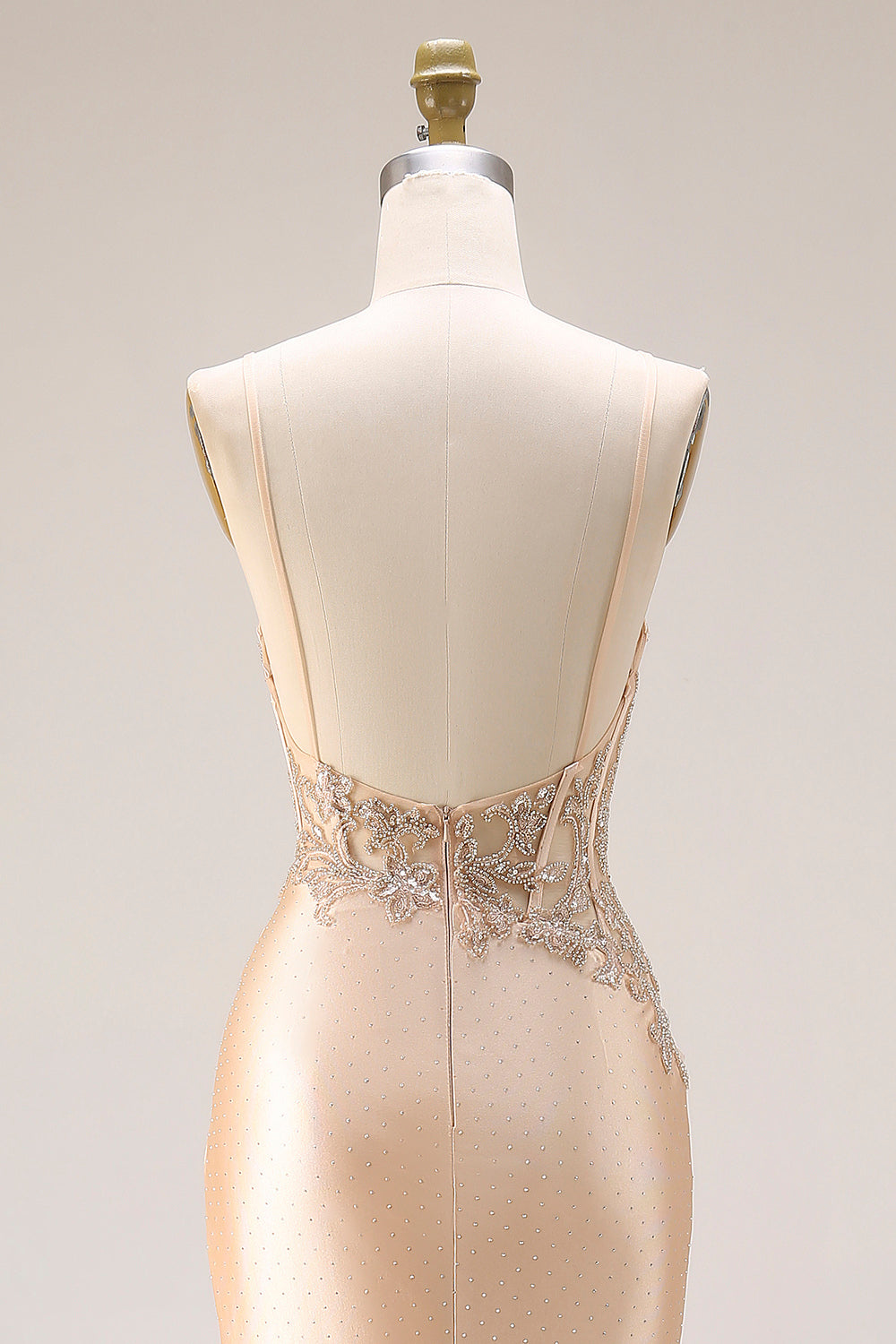 Sparkly Champagne Mermaid Ruched Beaded Long Prom Dress with Slit