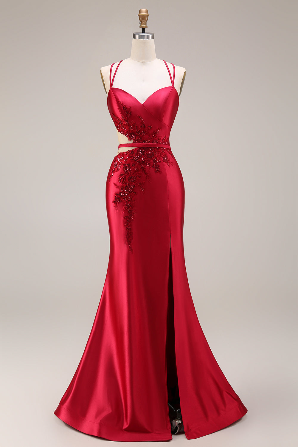 Sparkly Red Satin Mermaid Appliqued Cut Out Long Prom Dress with Slit